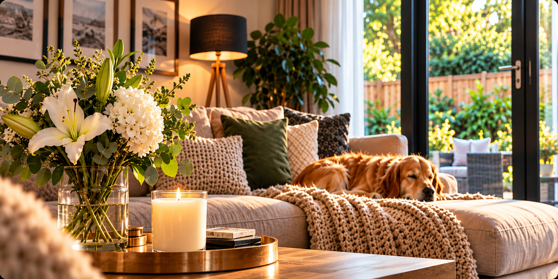 A welcoming family living room with flowers and a resting dog